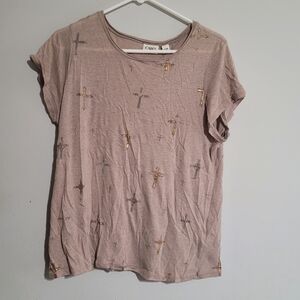 Womens Cato Top‎ 14 16 XL Otatmeal Copper Crosses Knit Shirt Soft Lightweight